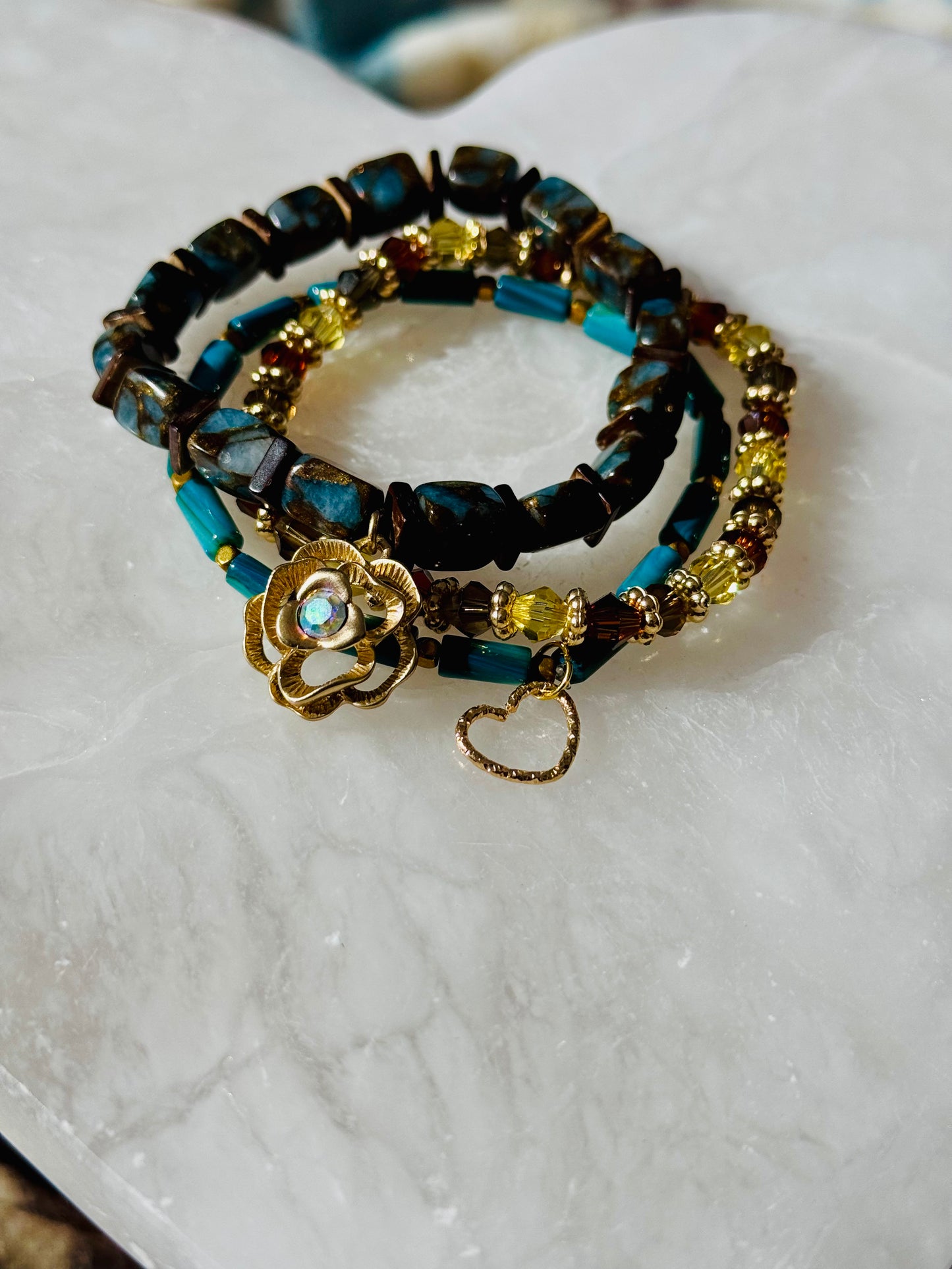 Beautiful Impression Jasper Stone beads with Shell beads and Charming Gold Rose Charm