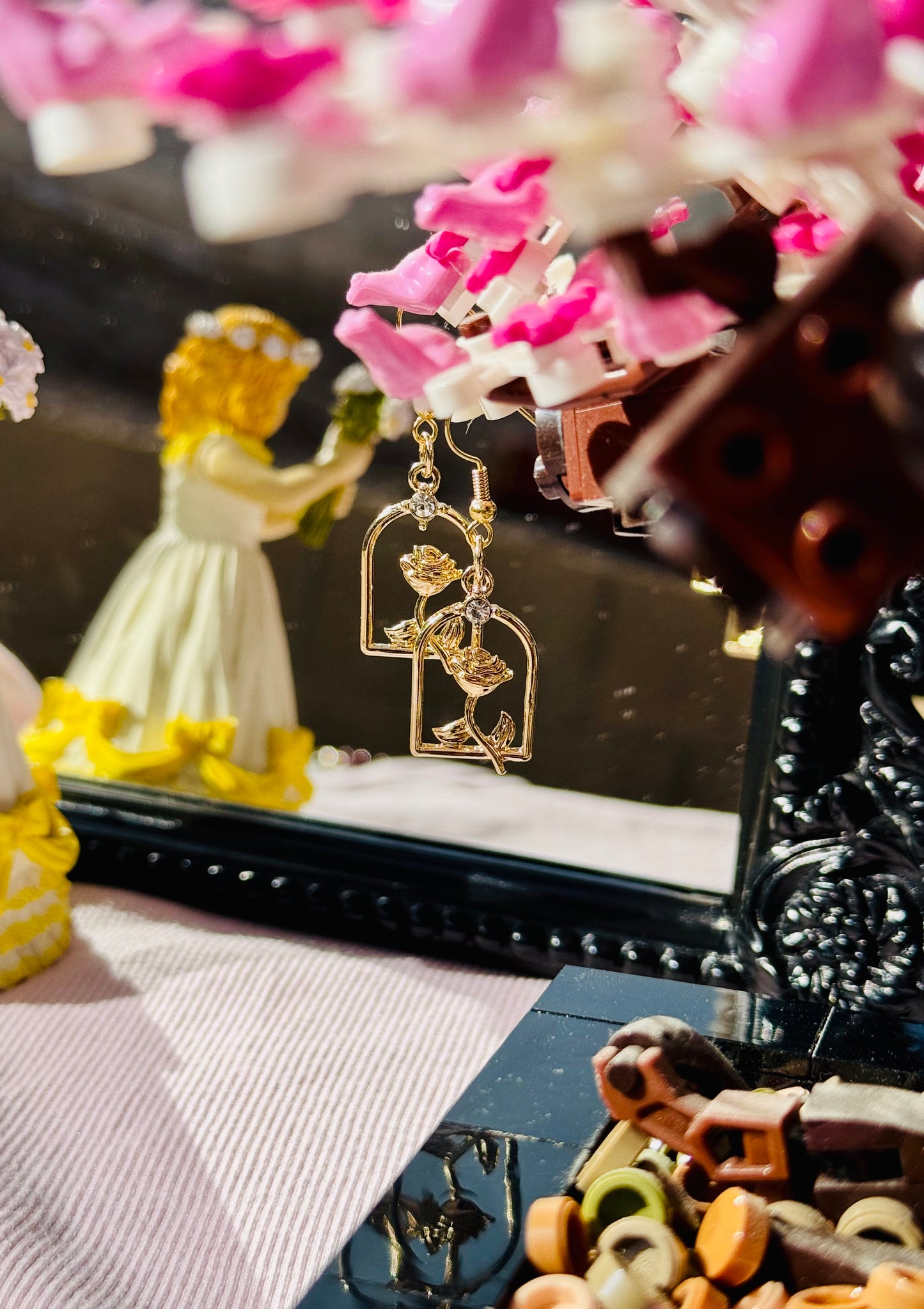 Cute and Dainty Gold Rose Dangle Earrings