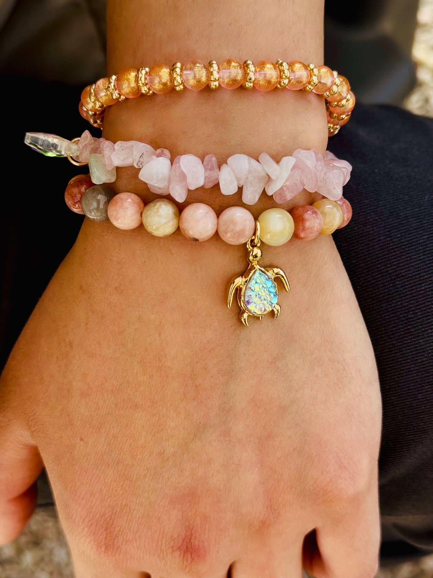 Sweet Peach and Pink Sunstone with Rose Quartz chips and Cute Turtle Charm