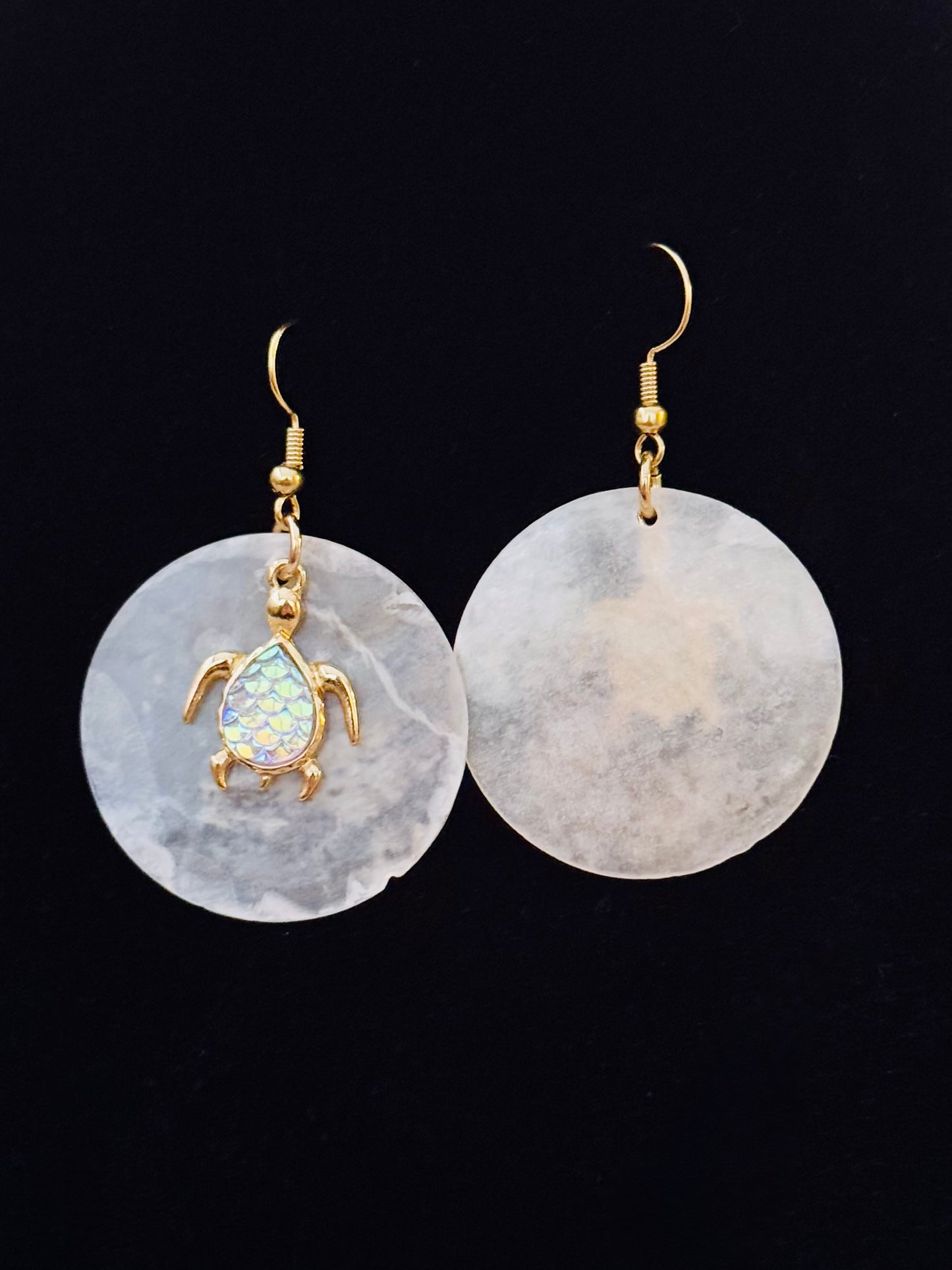 Pretty Shell Hook Earrings with Iridescent and Gold Turtle Charm