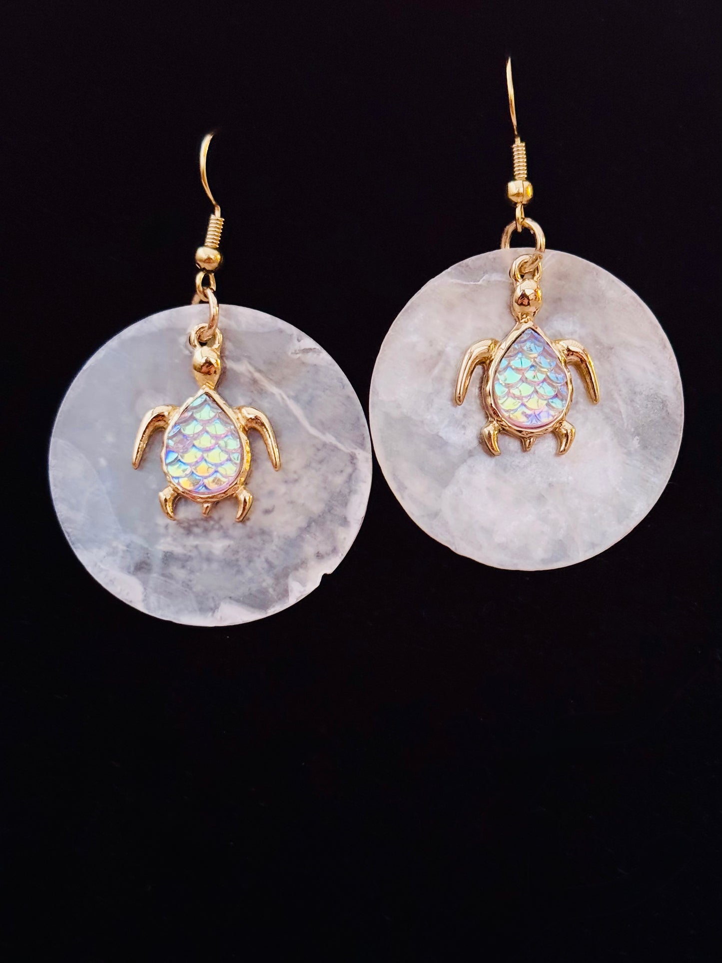 Pretty Shell Hook Earrings with Iridescent and Gold Turtle Charm