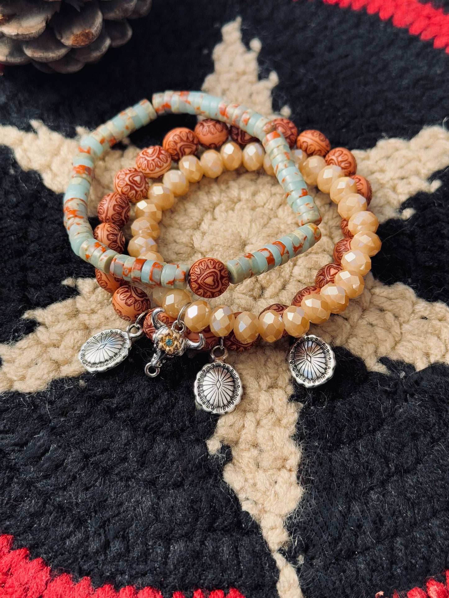 Beautiful Serpentine stones with Wood beads, cute mini Concho Charms and Cow charm