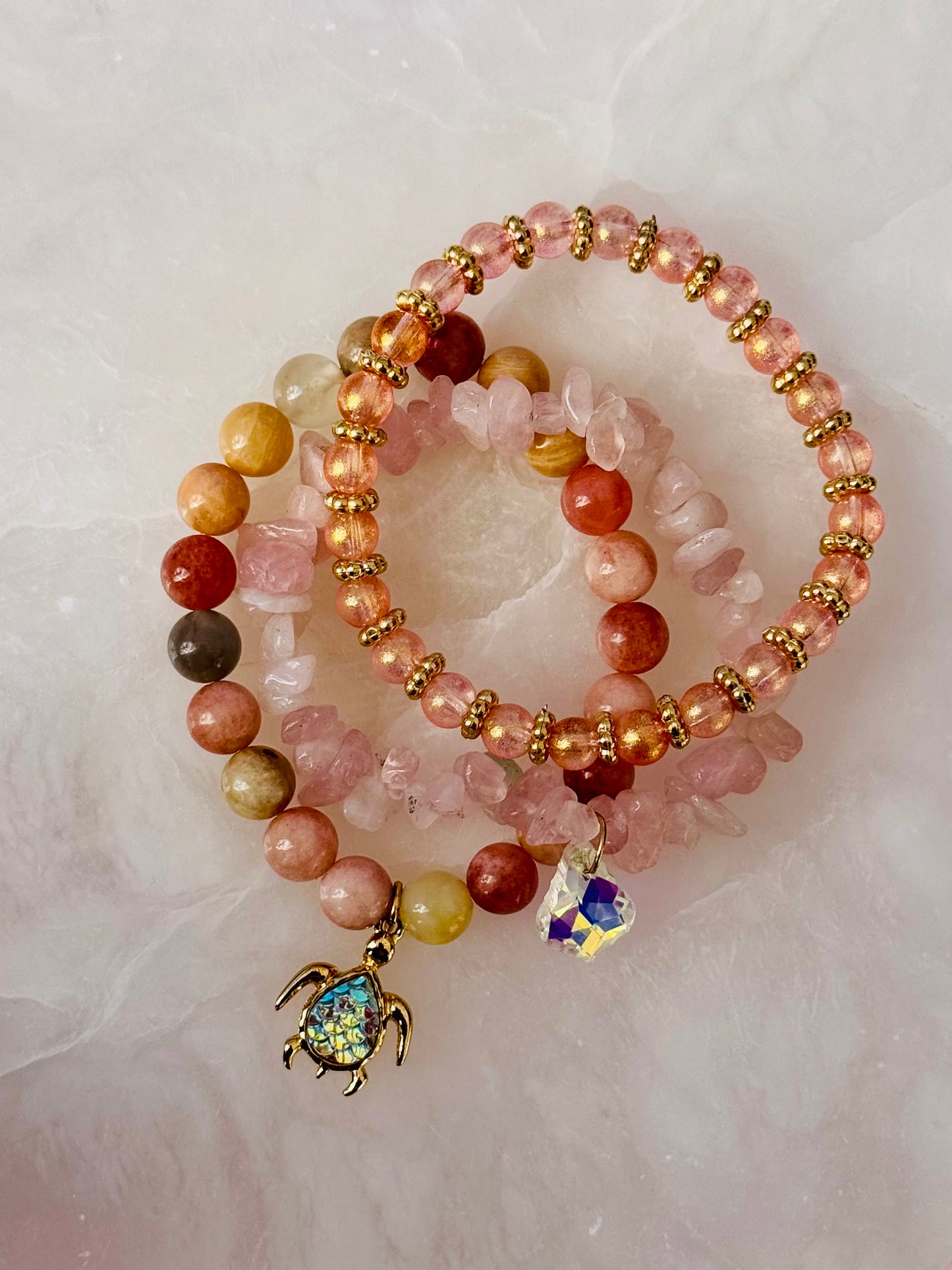 Sweet Peach and Pink Sunstone with Rose Quartz chips and Cute Turtle Charm