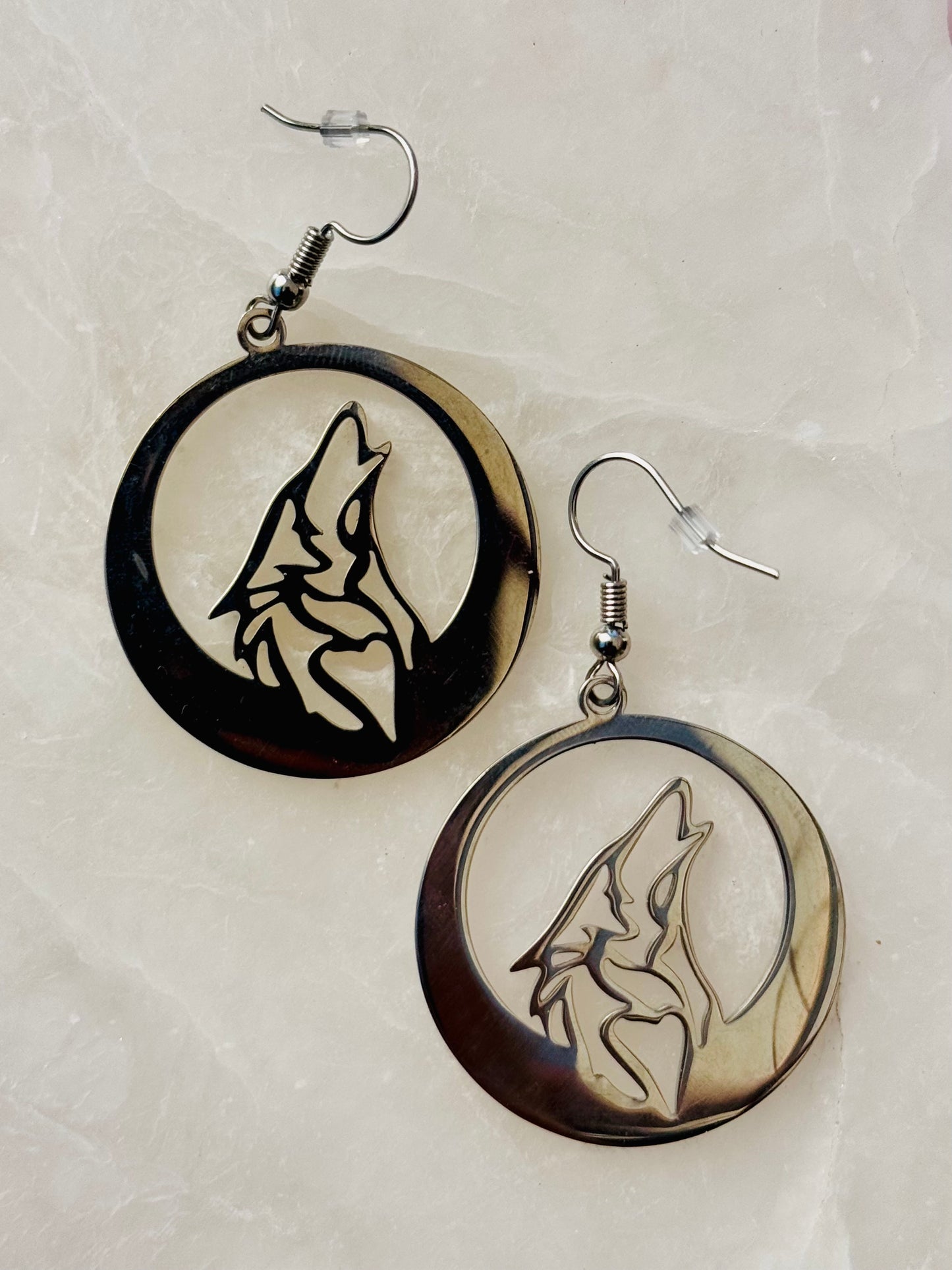 Stainless Steel Wolf Cutout Dangle Earrings