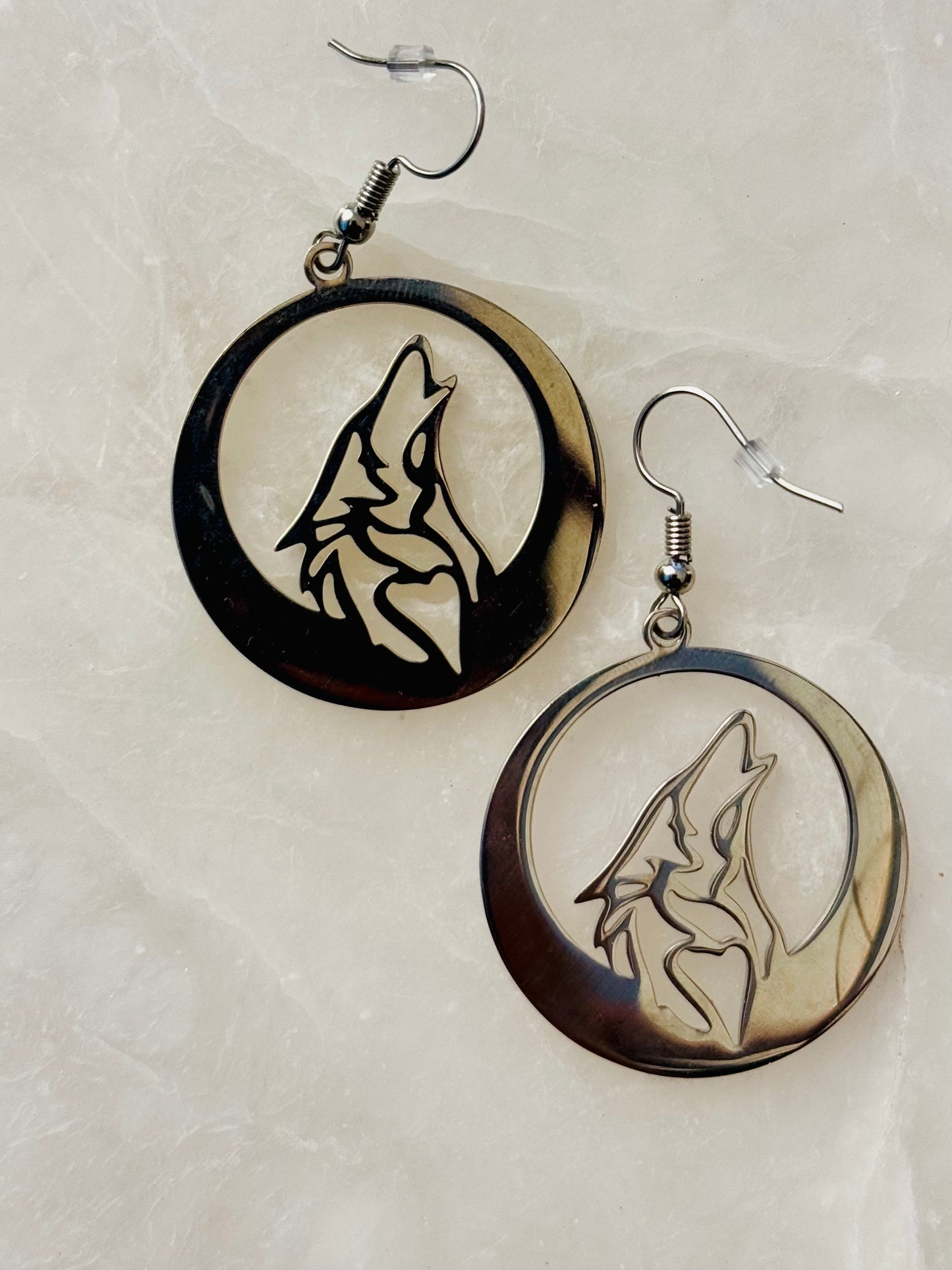 Stainless Steel Wolf Cutout Dangle Earrings