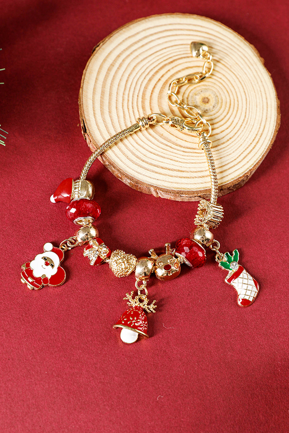 Racing Red Christmas Pendant Adjustable Plated Beaded Bracelet