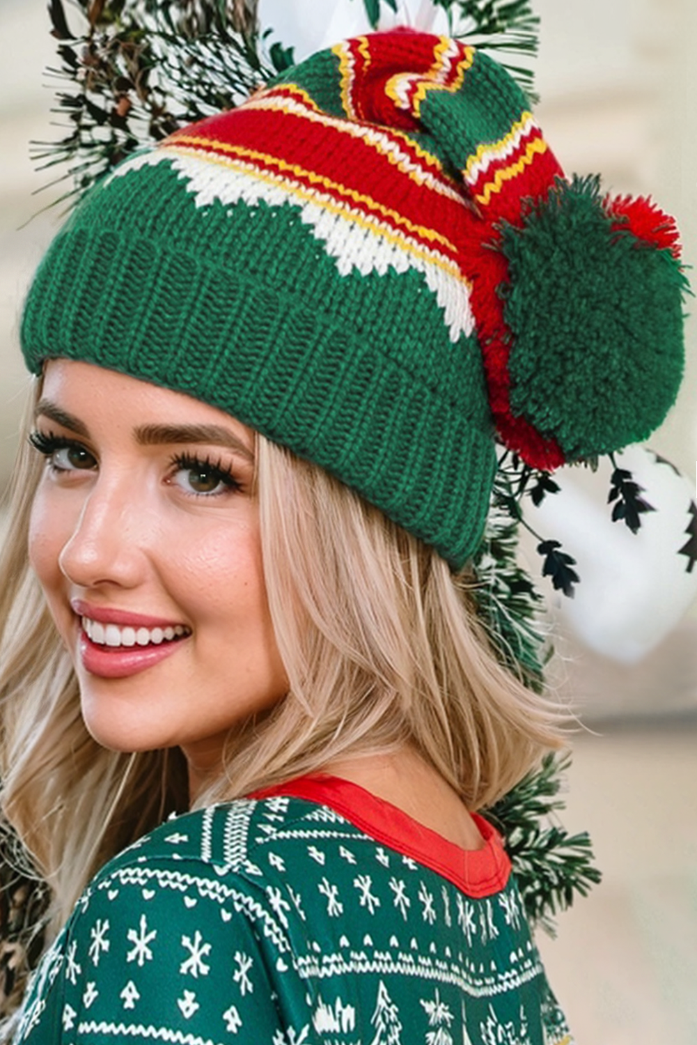 Very Cutesy Green Christmas PomPom Knitted Hat