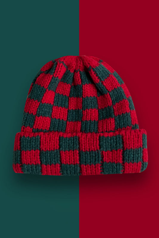 Racing Red and Forest Green Two Tone Checkered Folded Beanie Cap