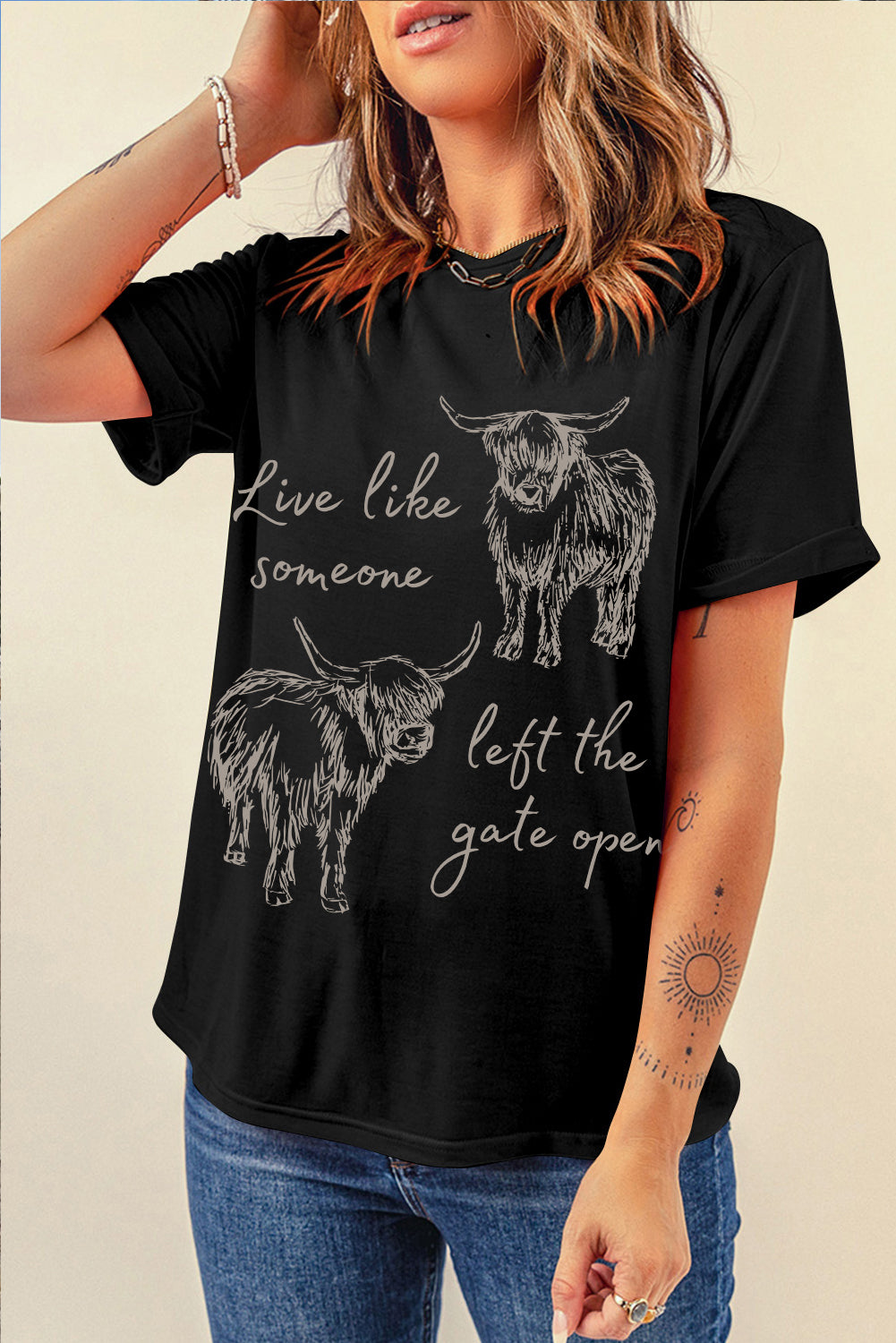 Black Western Cow Print "Live Like Someone Left the Gate Open" T-shirt