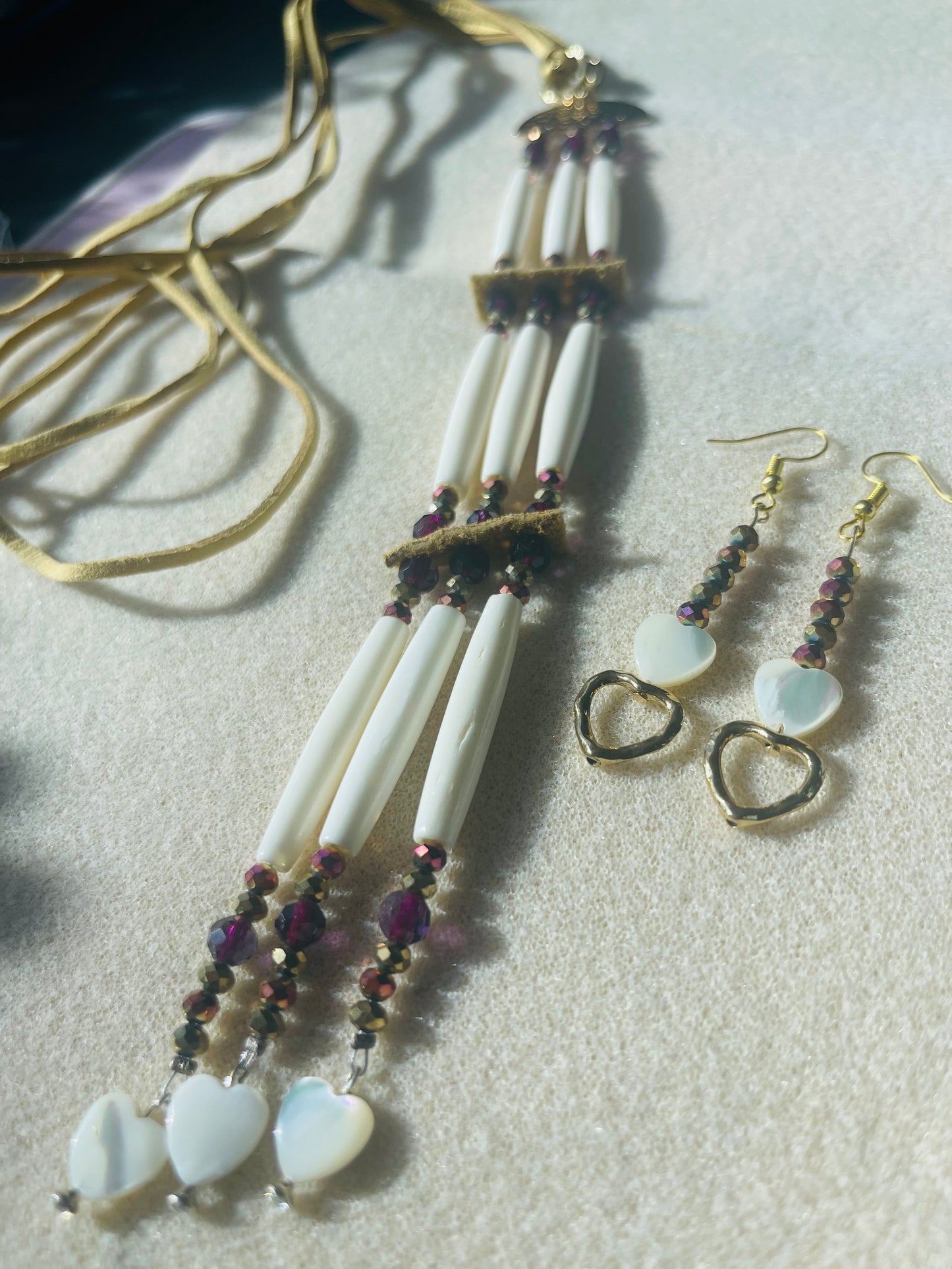 Royal Purple and Gold White Bone Hairpipes Choker and Earring Set