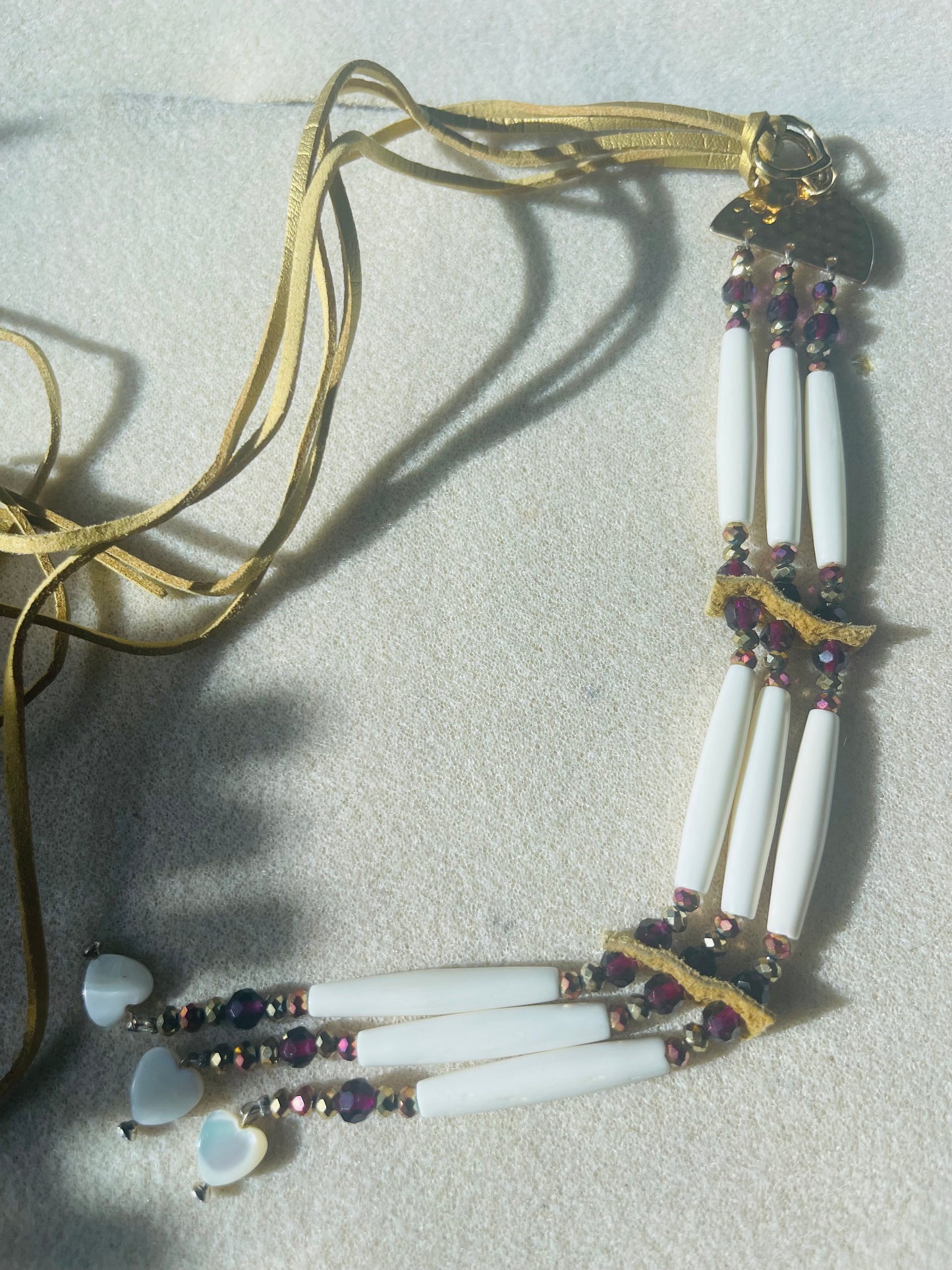 Royal Purple and Gold White Bone Hairpipes Choker and Earring Set