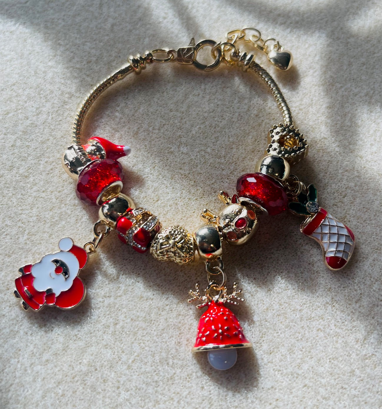 Racing Red Christmas Pendant Adjustable Plated Beaded Bracelet