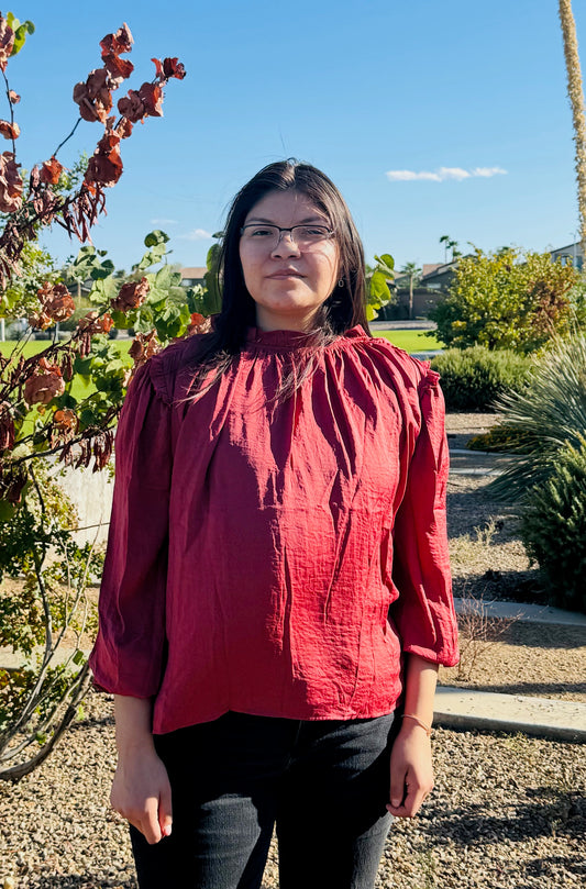 Persian Red Ruffled Long Sleeve and Neck Blouse