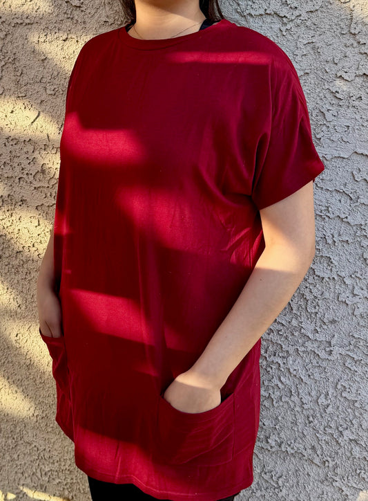 Fiery Red Side Pockets Short Sleeve Tunic Top