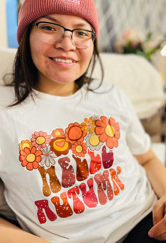 White Floral "HELLO AUTUMN" Printed Crewneck T Shirt