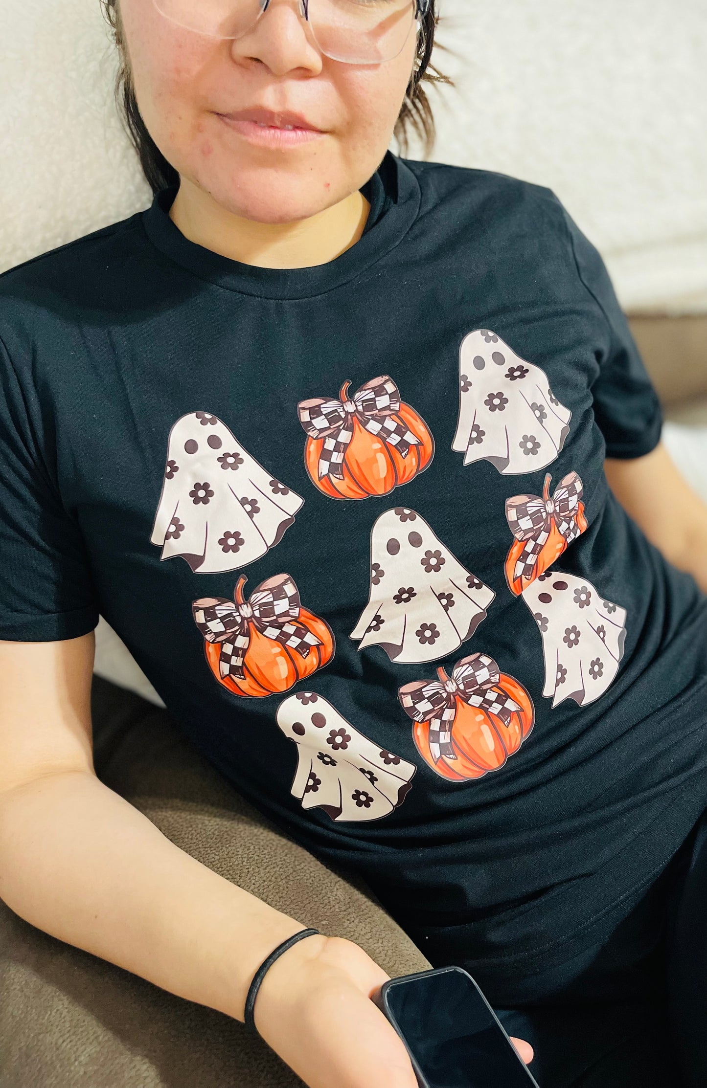 Black Halloween Ghost Pumpkin Print Crew Neck T Shirt