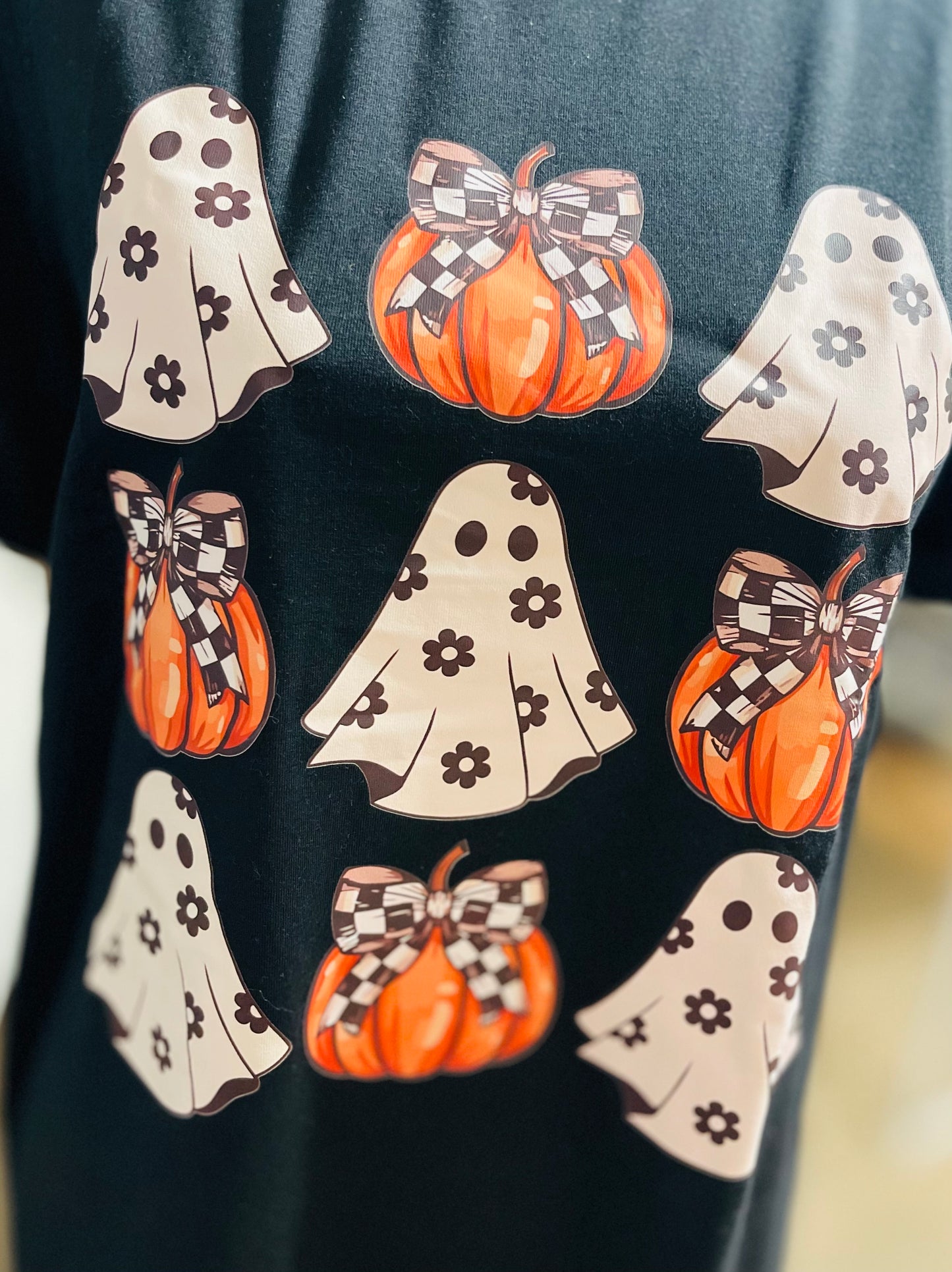 Black Halloween Ghost Pumpkin Print Crew Neck T Shirt