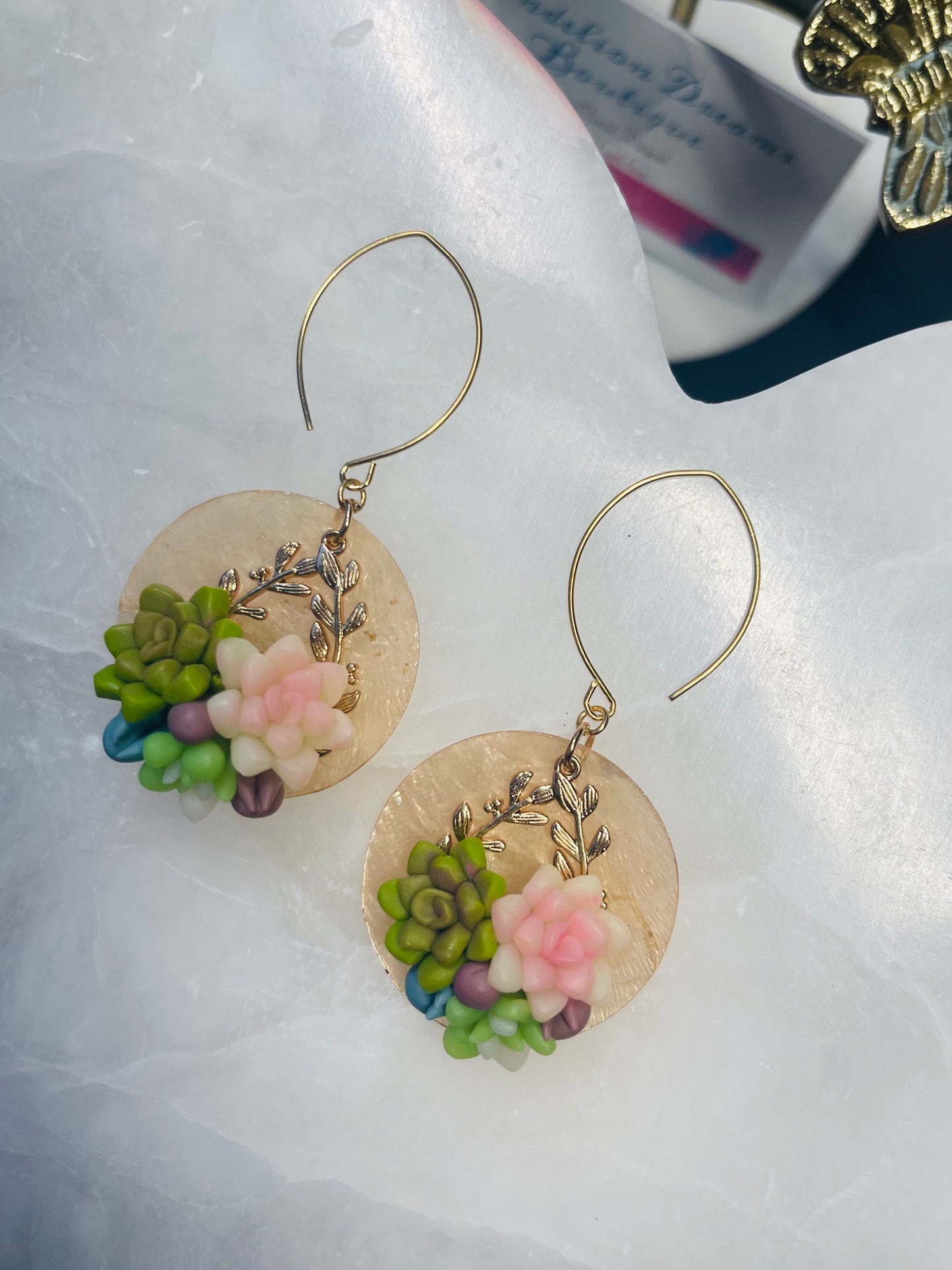 Cutsey Succulent Dangle Earrings with Shell Back