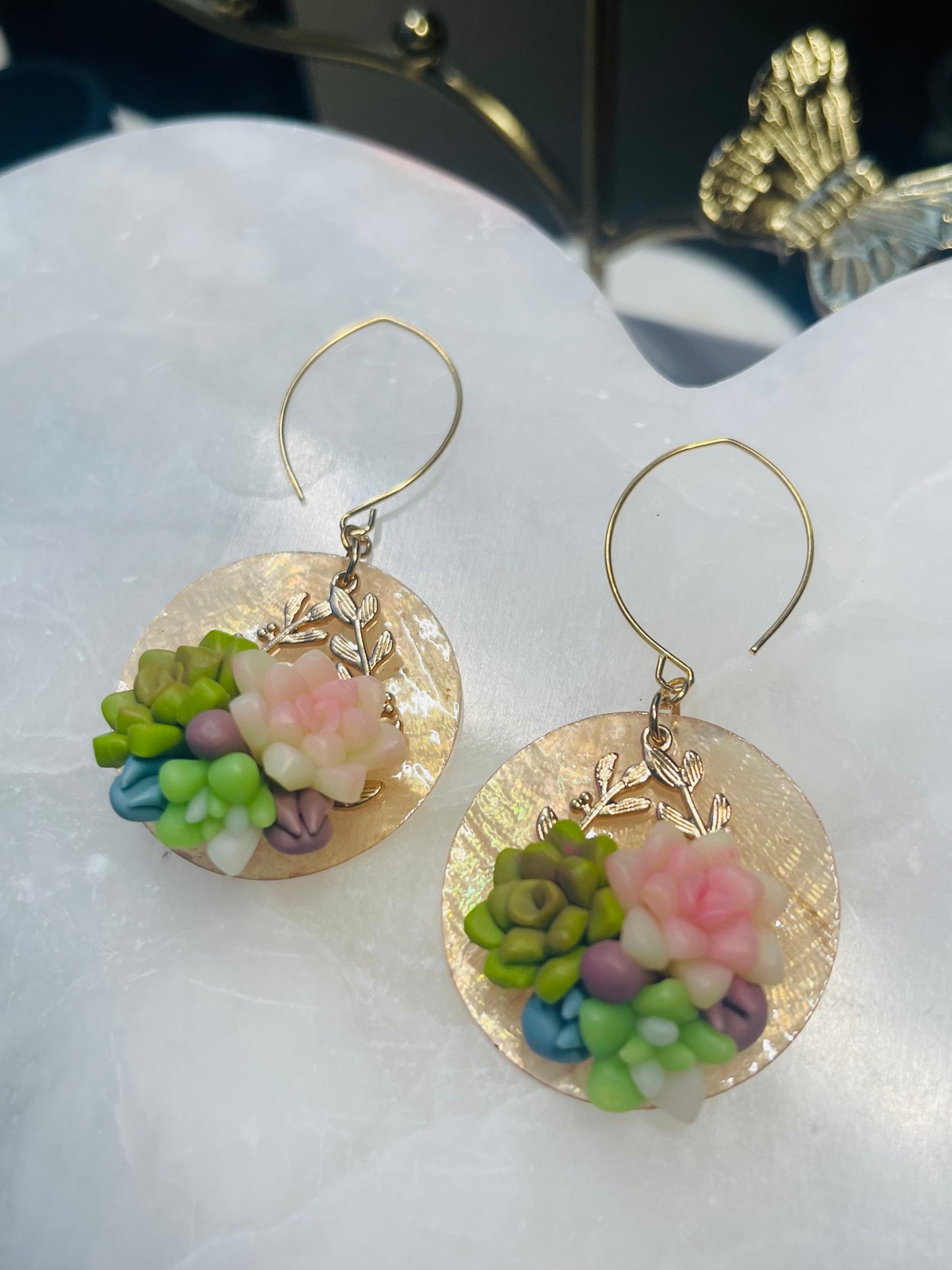 Cutsey Succulent Dangle Earrings with Shell Back