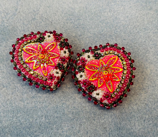 Dark Green and Magenta Beaded Heart Earrings