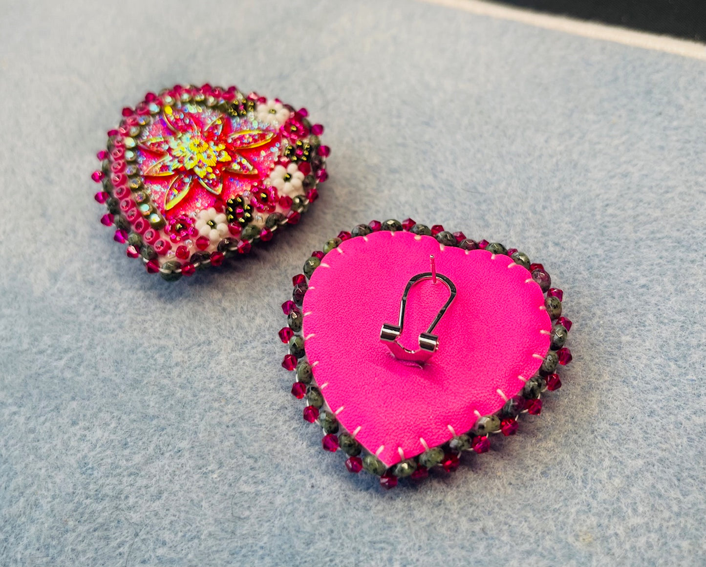 Dark Green and Magenta Beaded Heart Earrings