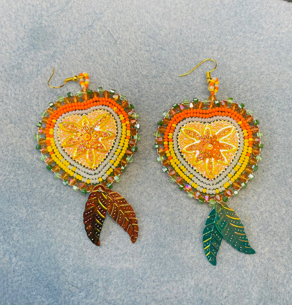 Orange and Green Beaded Dangle Earrings