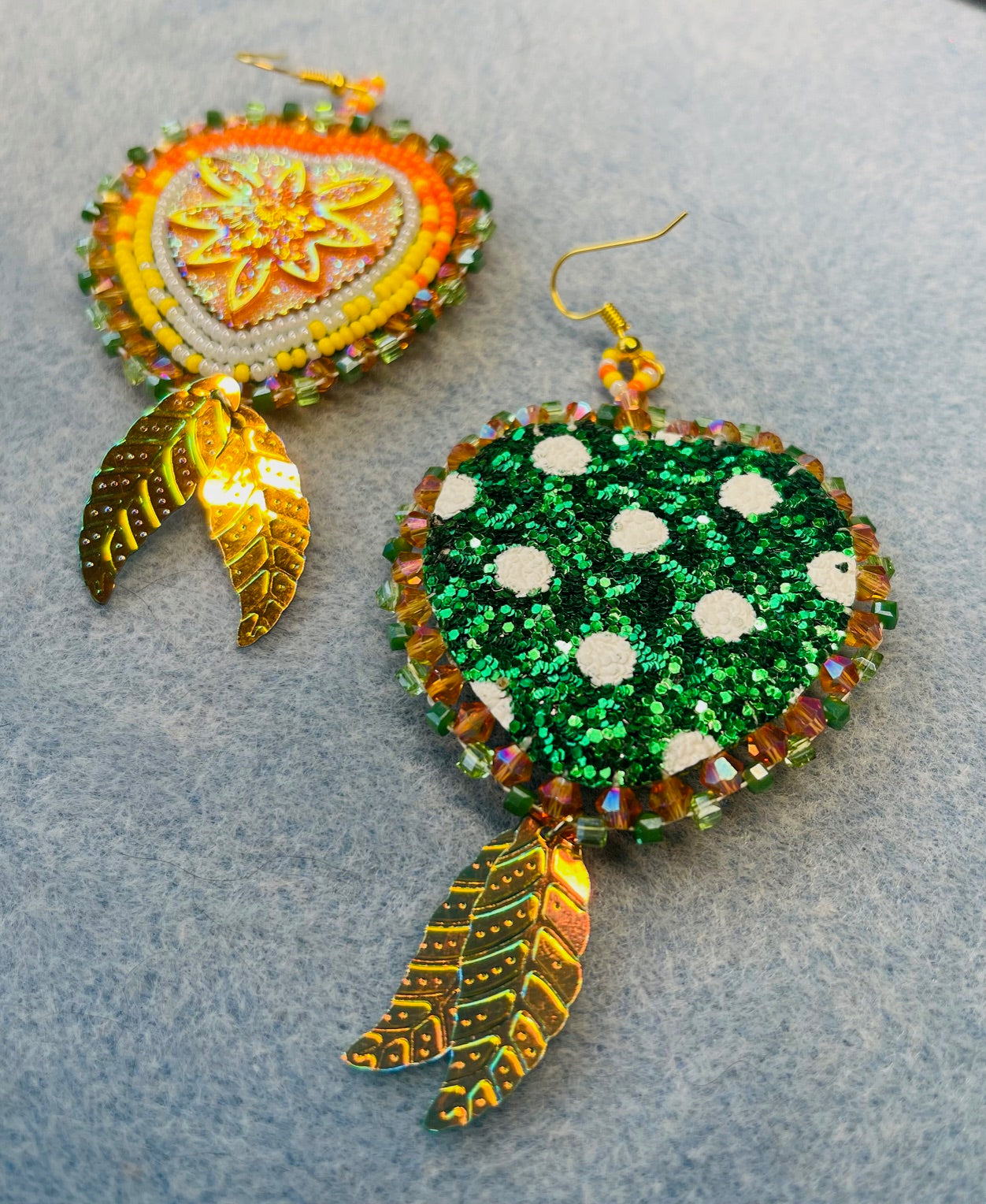 Orange and Green Beaded Dangle Earrings