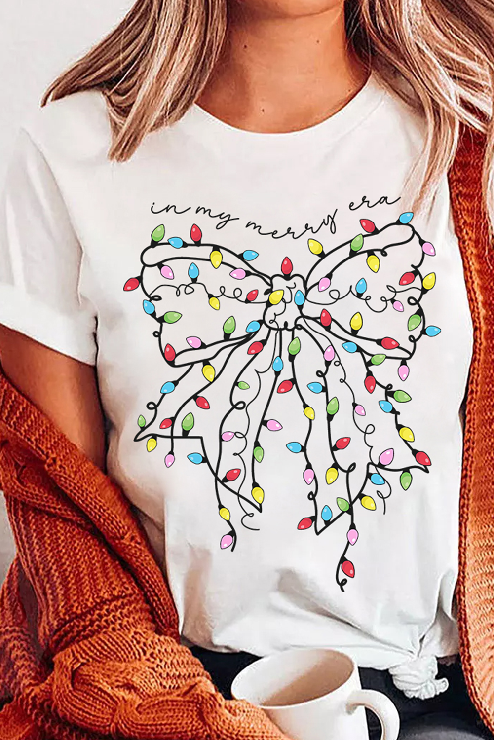 Very Comfy and Colorful Christmas Light Bowknot Graphic Crewneck T Shirt