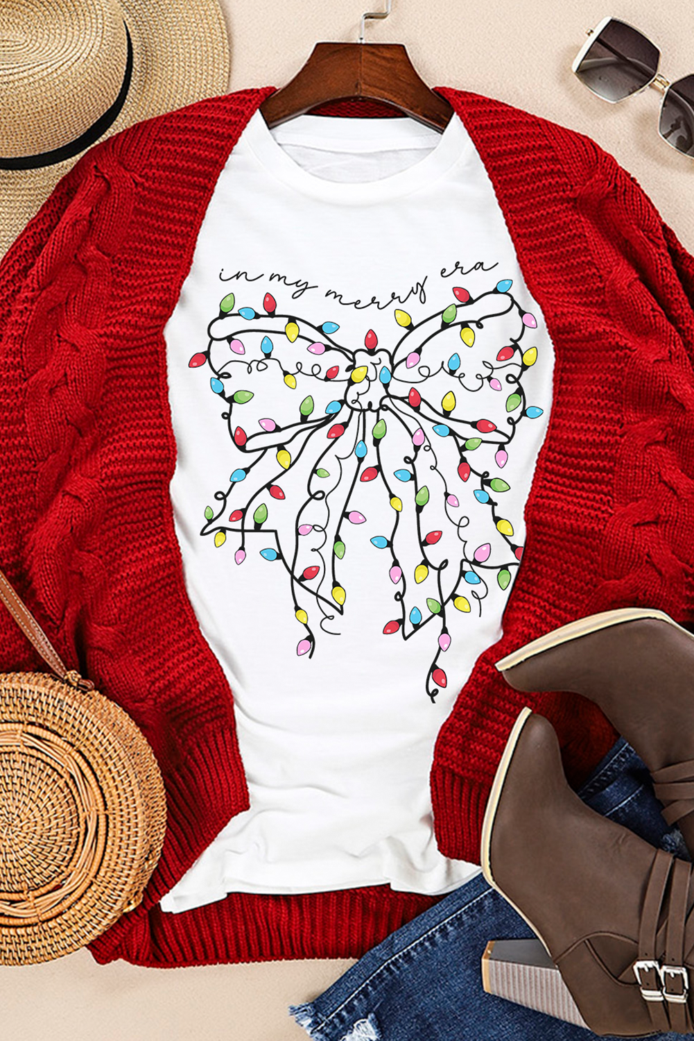 Very Comfy and Colorful Christmas Light Bowknot Graphic Crewneck T Shirt