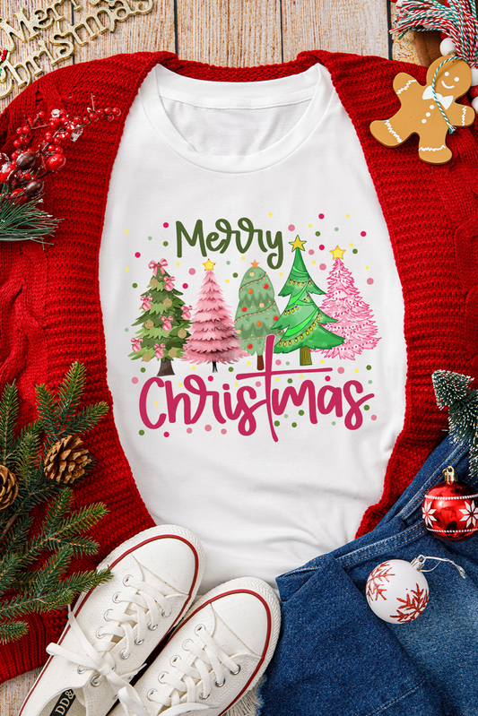 Pink and Fun Merry Christmas with Trees Vibe Graphic Crewneck T Shirt