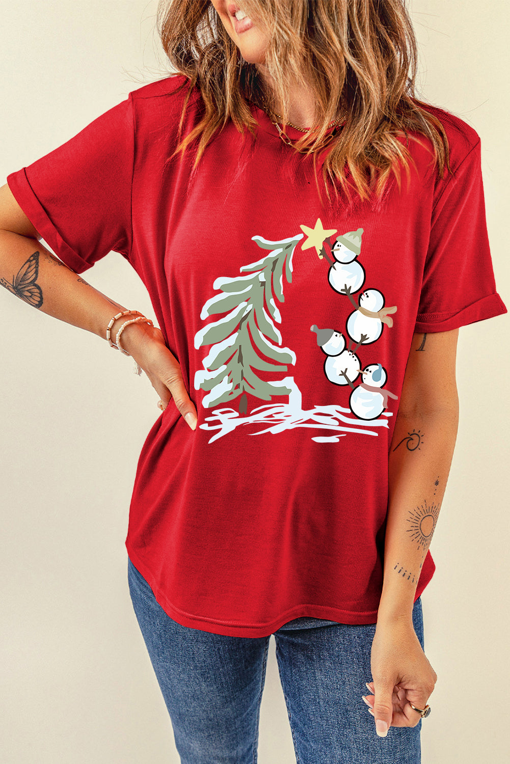 Cute Red Christmas Tree Snowman Printed Crewneck T Shirt