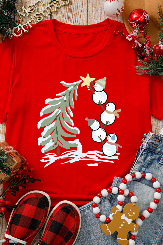 Cute Red Christmas Tree Snowman Printed Crewneck T Shirt