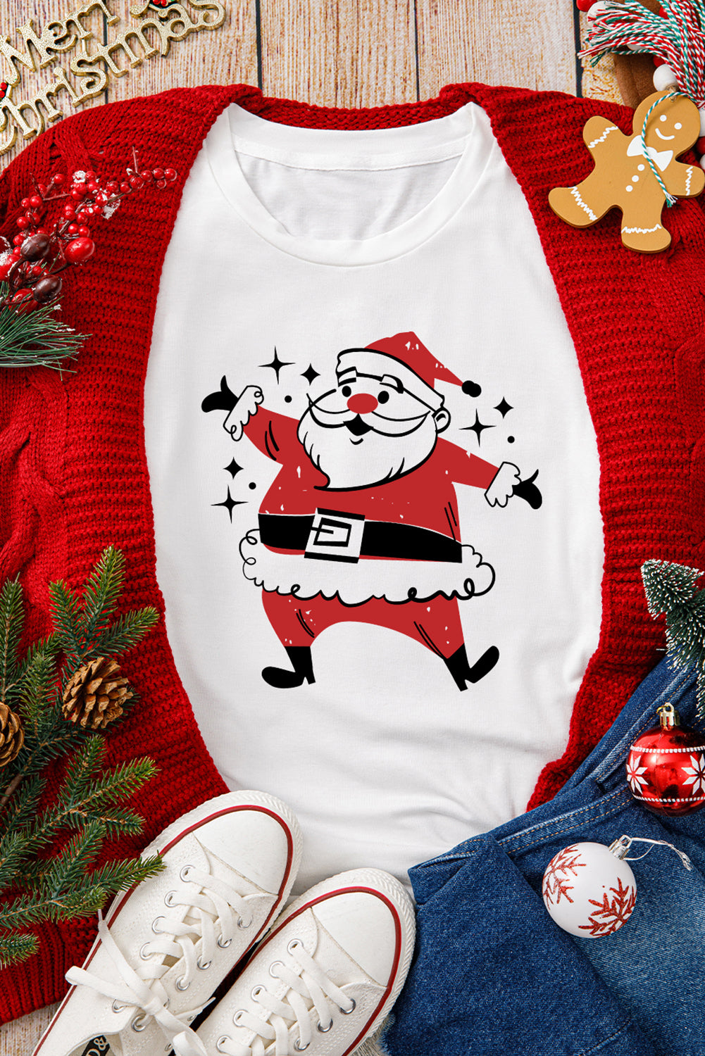 Cute and Fun Santa Christmas Printed Casual White T Shirt