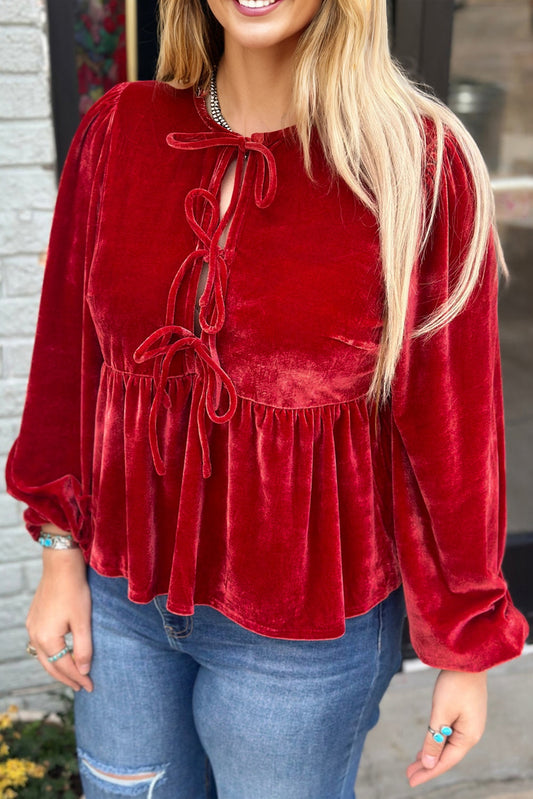 “Velvet Ember” Tie-Front Peplum Blouse – Red Clay Romance Plus Size Darling