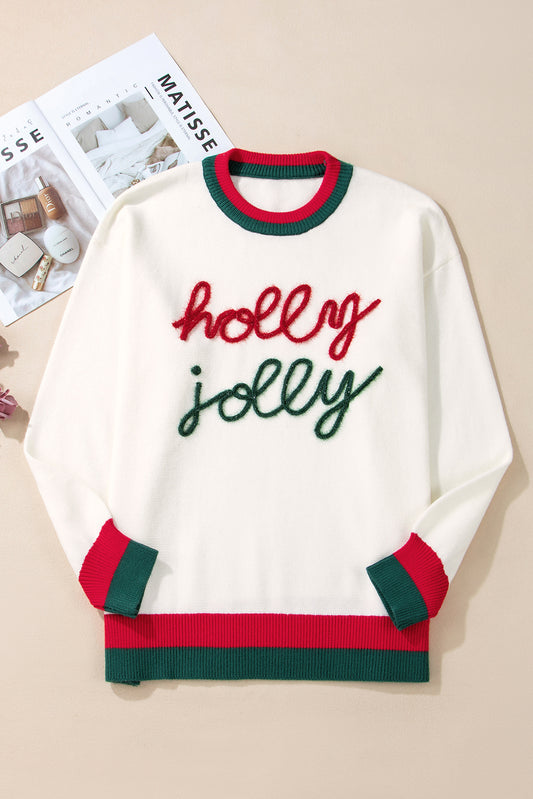 White Drop Shoulder Plus Size Sweater with Tinsel Holly Jolly Pattern