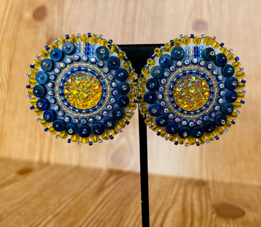 Blue and Yellow Hand Beaded Clip on Earrings with Lapis Stones