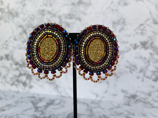 Beautiful Hand Beaded Clip on Maroon and Gold Earrings