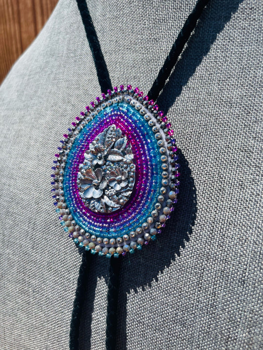 Beautiful Purple Ombre' Indigenous Hand Beaded Bolo Tie Medallion